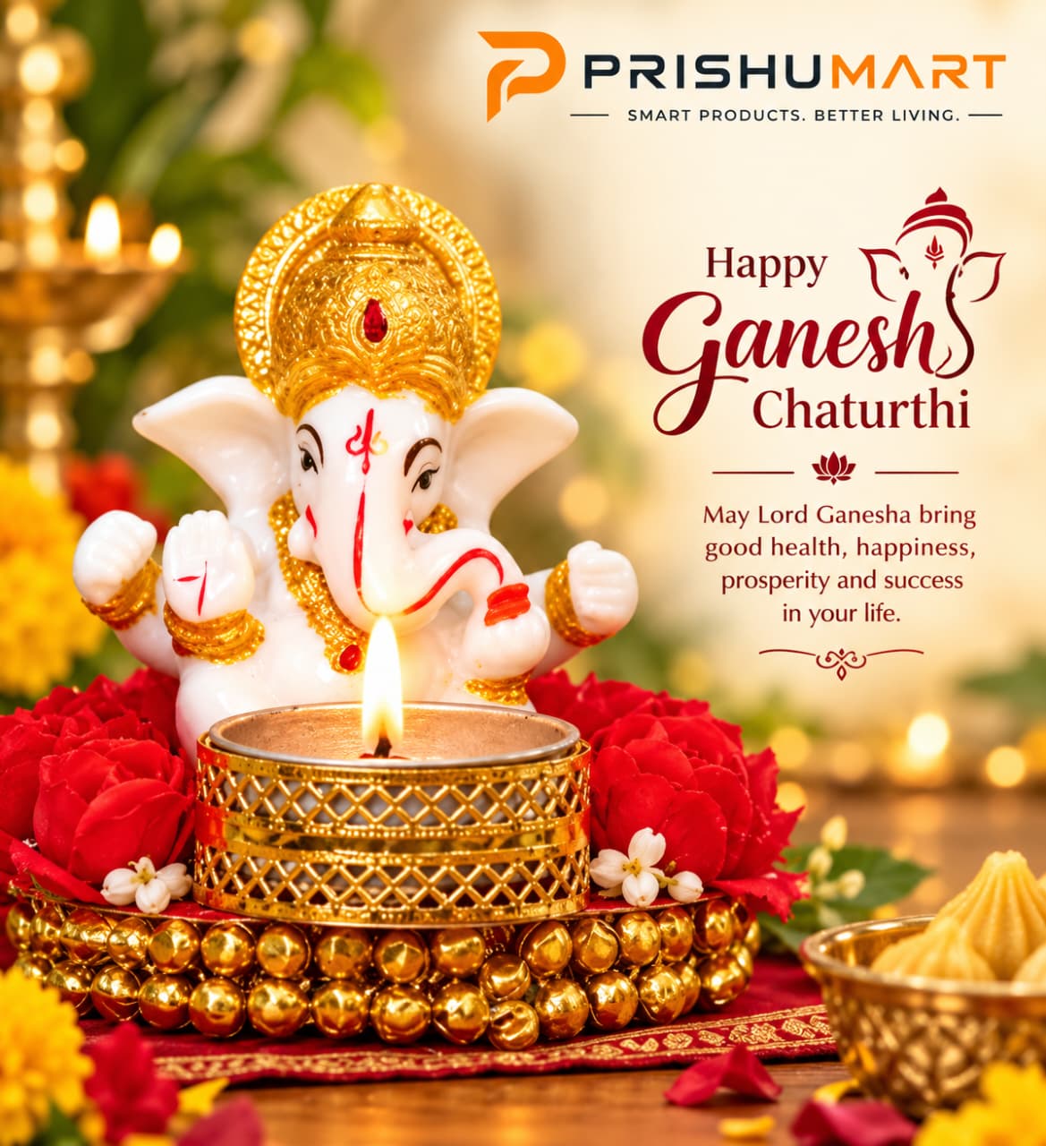 Lord Ganesha Idol on Decorative Plate with Tea Light Holder